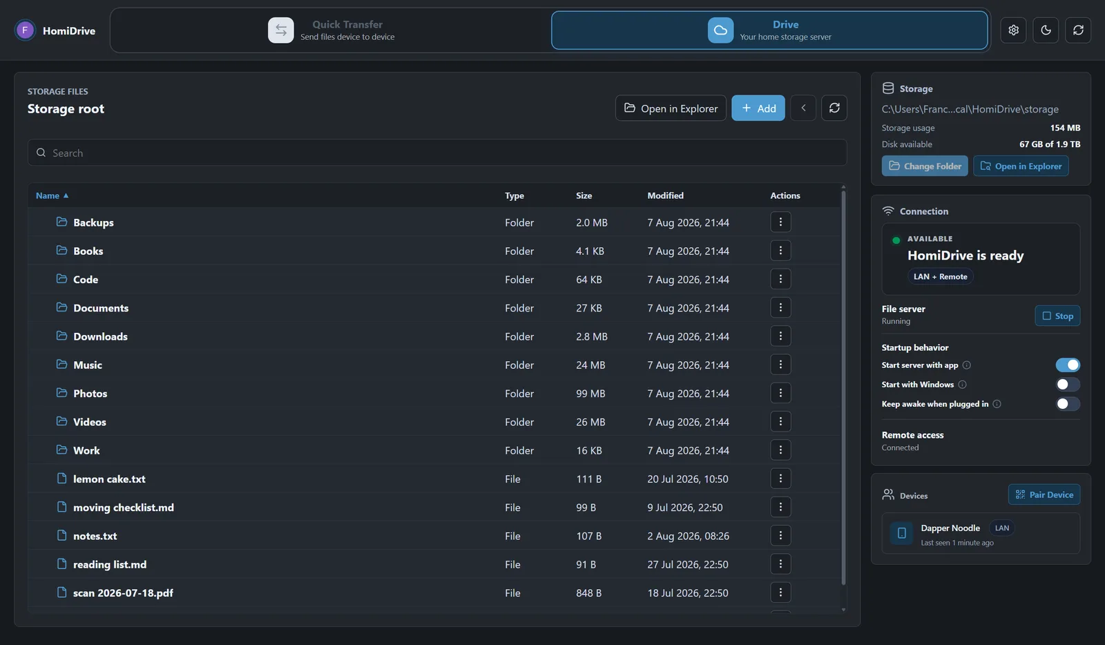 HomiDrive on Windows showing the whole storage folder, with the paired phone listed in the Devices panel
